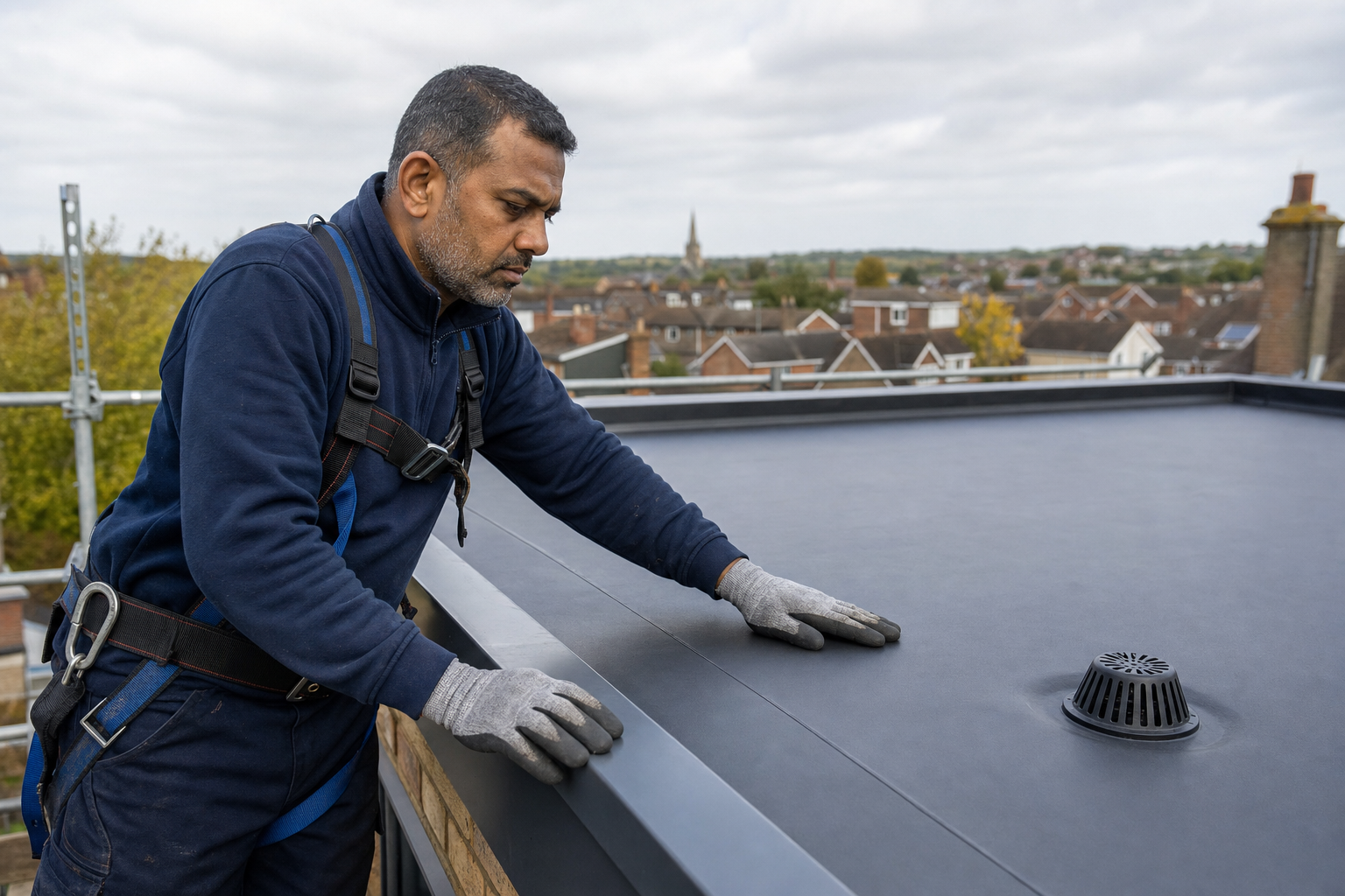 A worker in safety gear inspects a flat rooftop with a drain, overlooking a residential area.