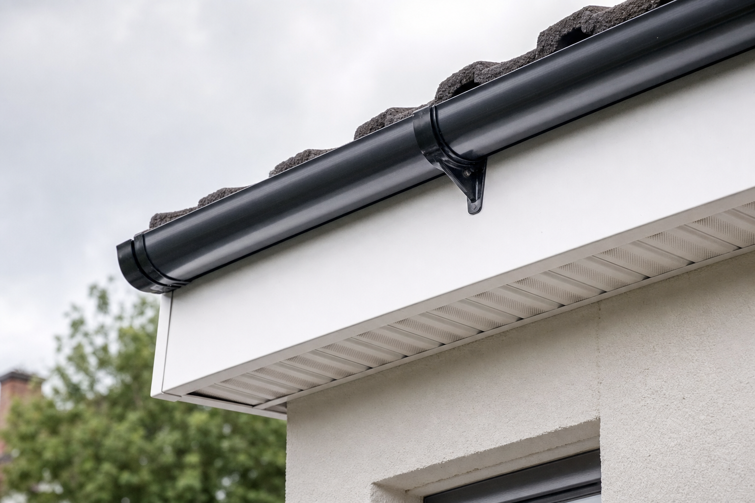 Dark grey guttering attached to a house roof against a cloudy sky and blurred tree in the background.