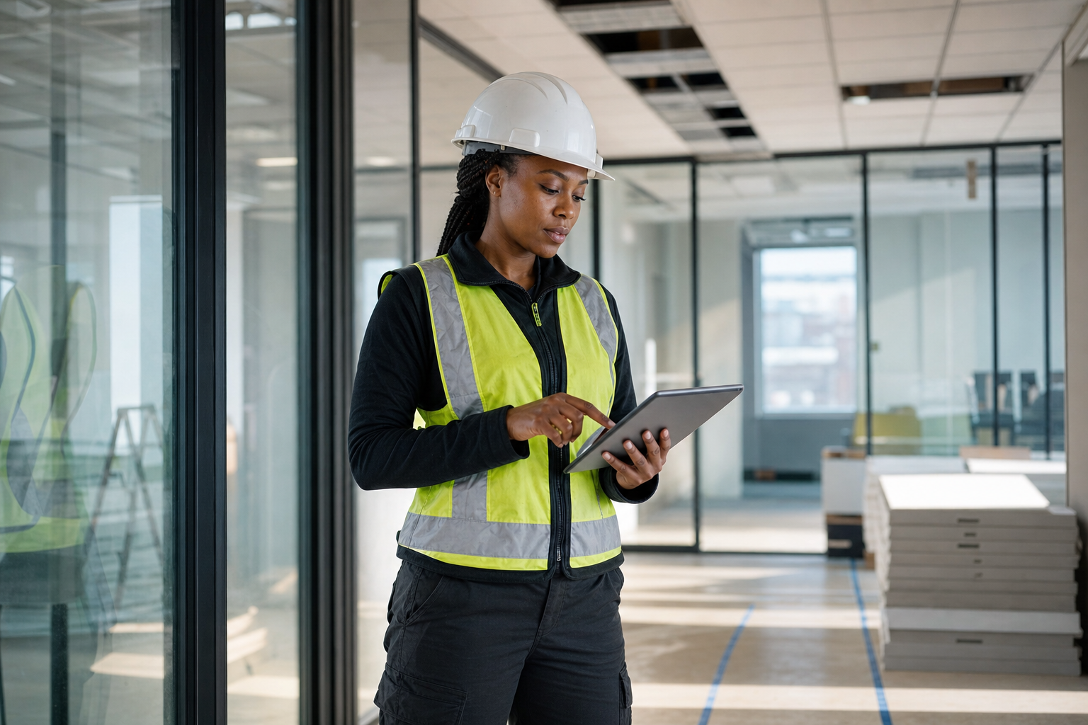 A construction worker wearing a hard hat and high-visibility vest checks a tablet in a modern office environment.