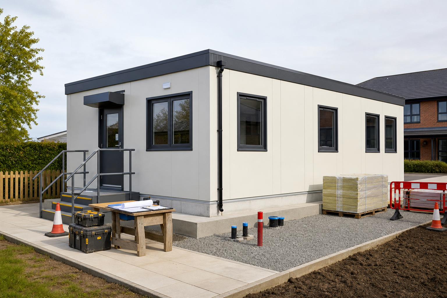 Modular building on-site with construction materials and tools nearby.