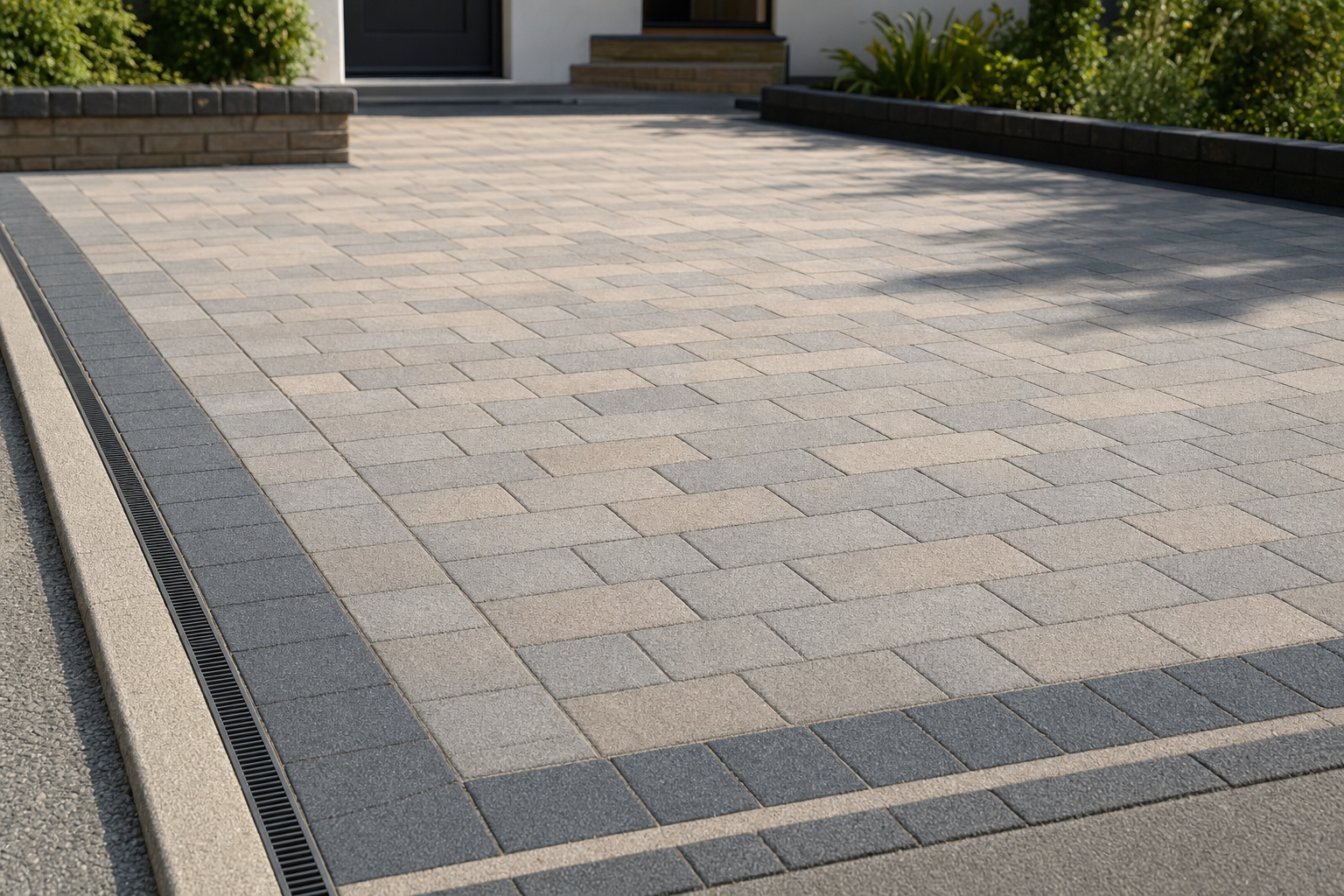 A neatly paved driveway with light and dark rectangular concrete slabs, bordered by a drainage channel.