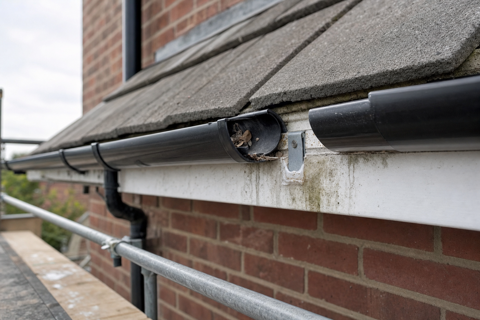 A black gutter filled with leaves and debris is attached to a brick building under a sloped roof.