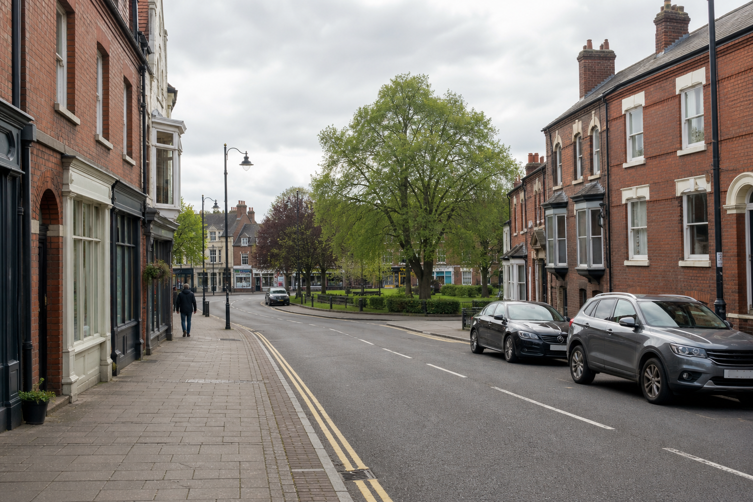 Quiet street with red-brick houses, parked cars, and a large green tree under an overcast sky.