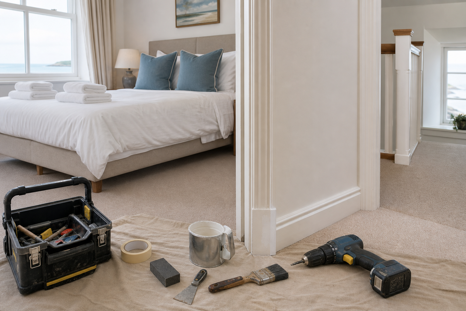 Bedroom corner with a toolbox, drill, and paint supplies on a drop cloth next to a neatly made bed.