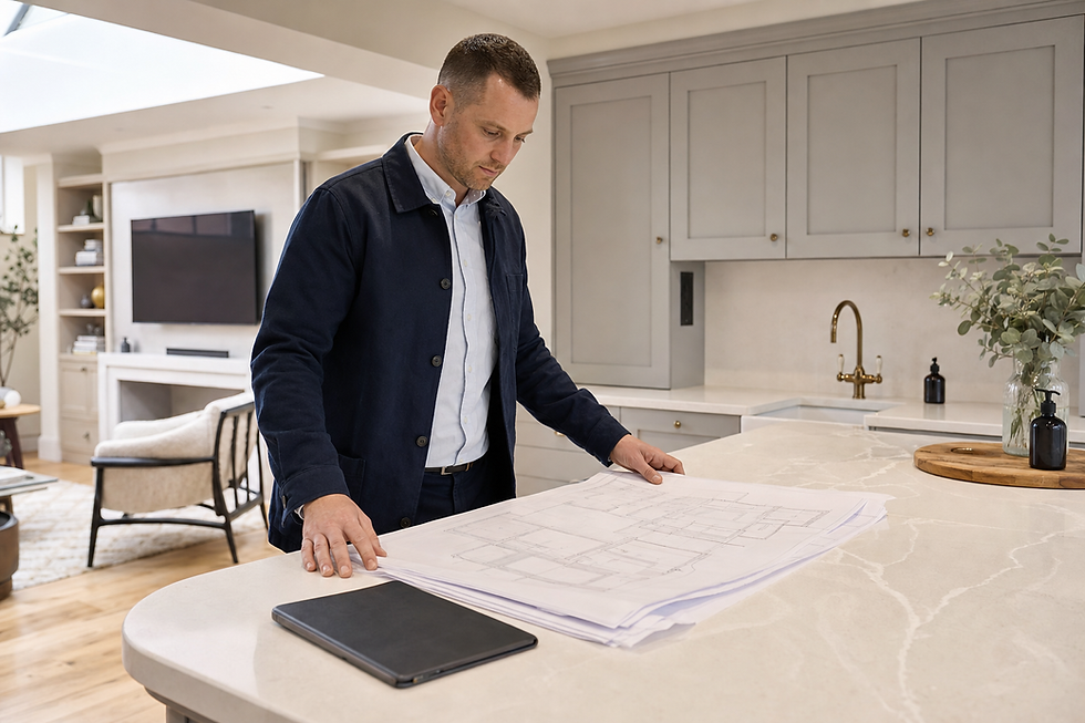 A man reviews architectural plans on a kitchen counter with a tablet nearby.