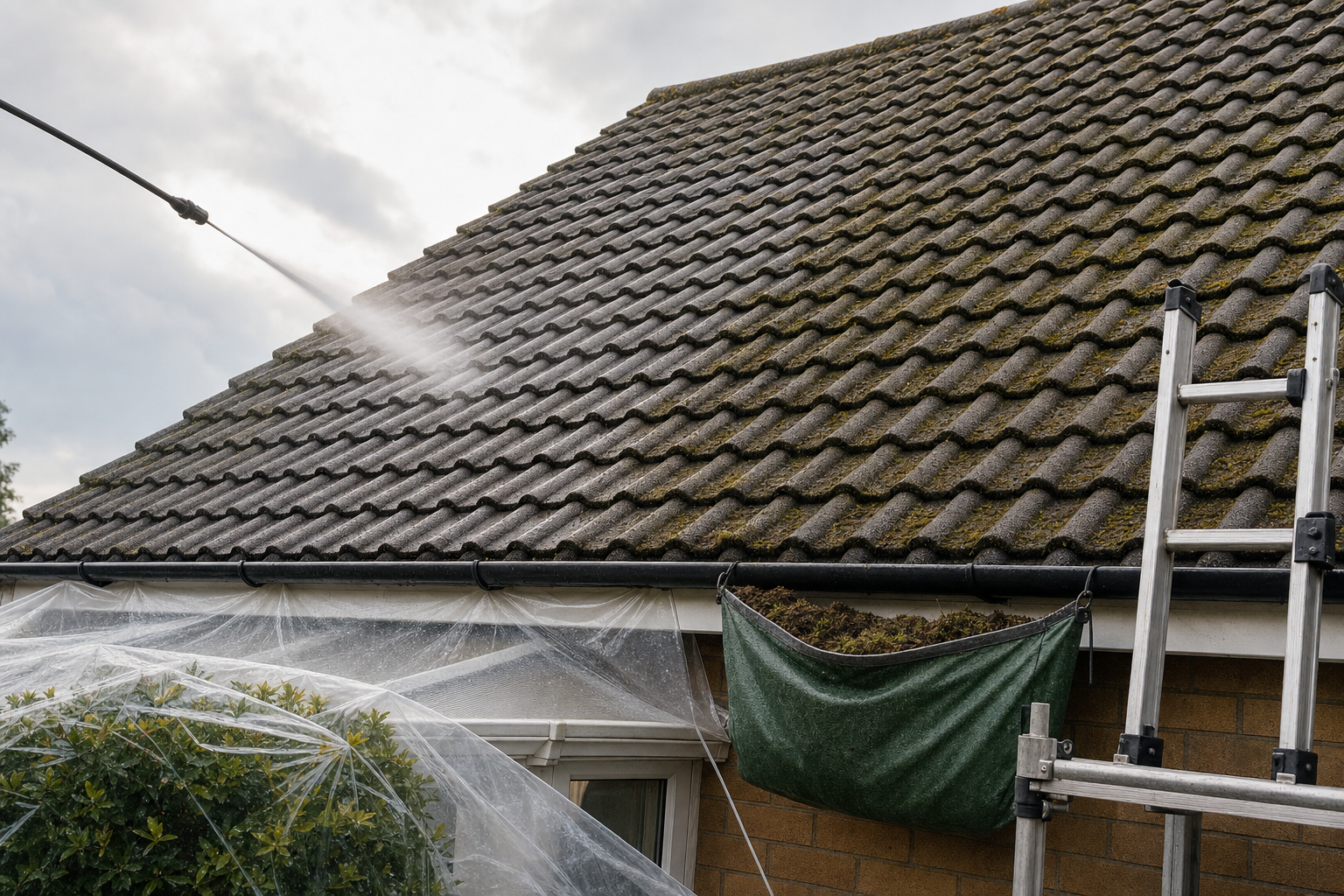 A high-pressure water jet cleans moss from a tiled roof, with a ladder and protective coverings nearby.