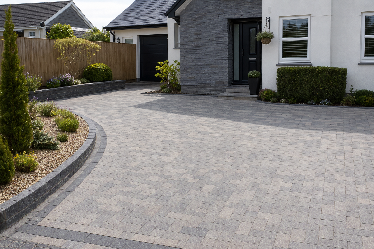 Modern house with a spacious paved driveway and well-maintained garden.