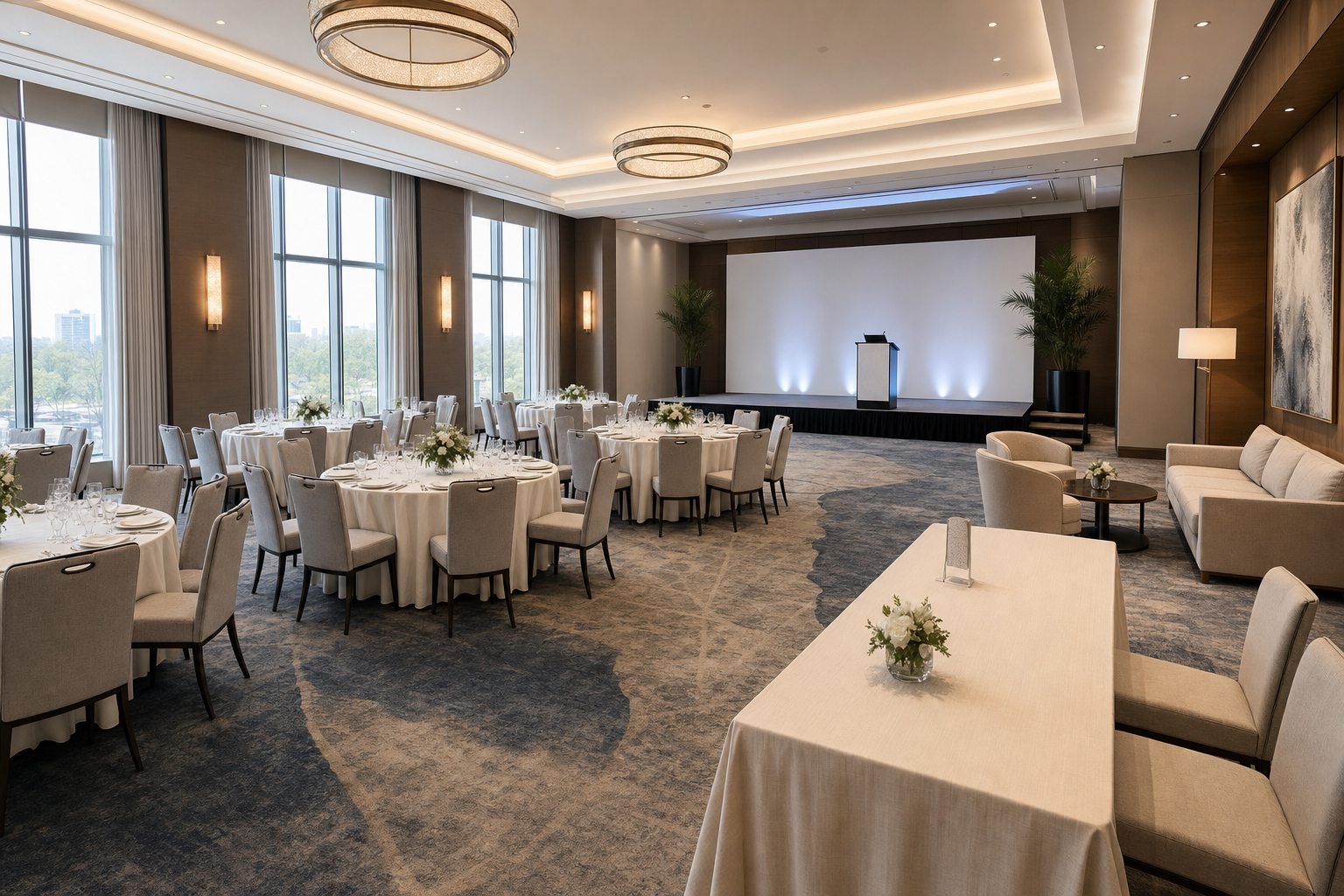 Elegant banquet hall with round tables set for dining and a stage with a podium.