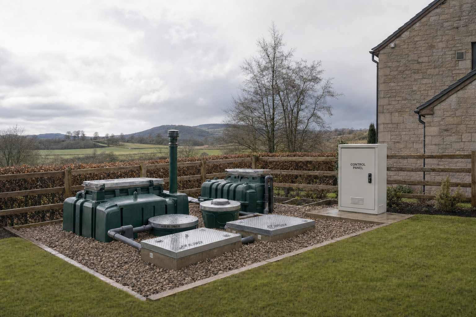 Green wastewater treatment system beside a stone building with a rural landscape in the background.