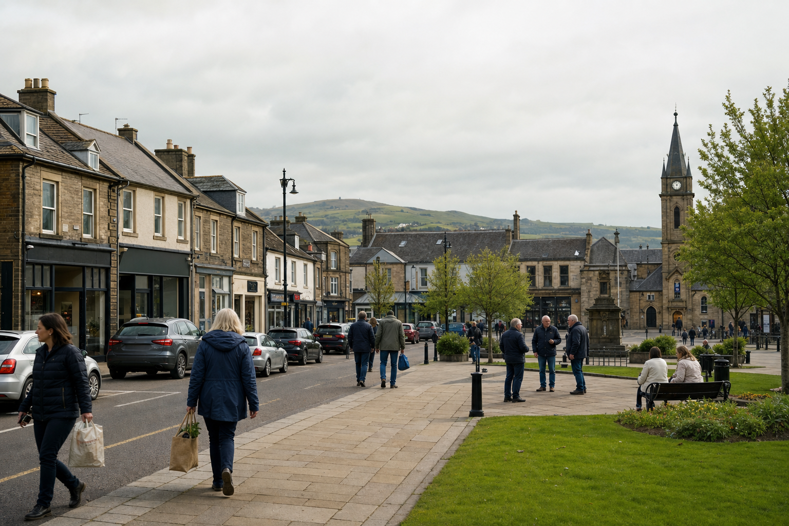 A bustling town square with people walking and cars parked, set against a backdrop of hills and a clock tower.