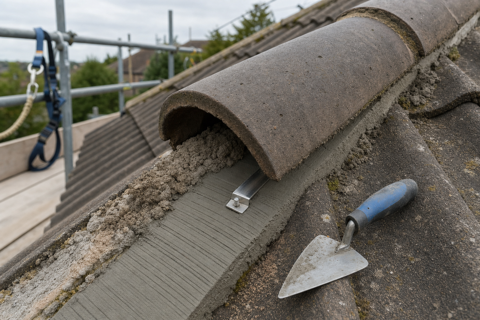 Roofing work in progress with tiles, mortar, a trowel, and scaffolding harness visible.