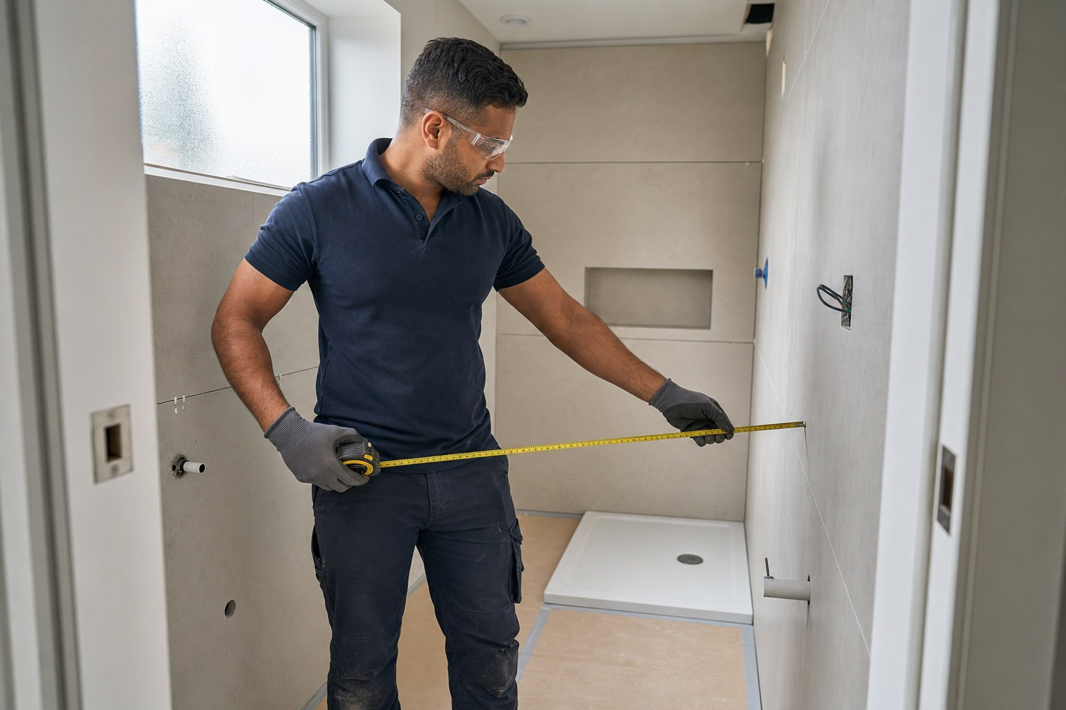 Person measuring a wall in a partially constructed shower room, wearing gloves and safety goggles.