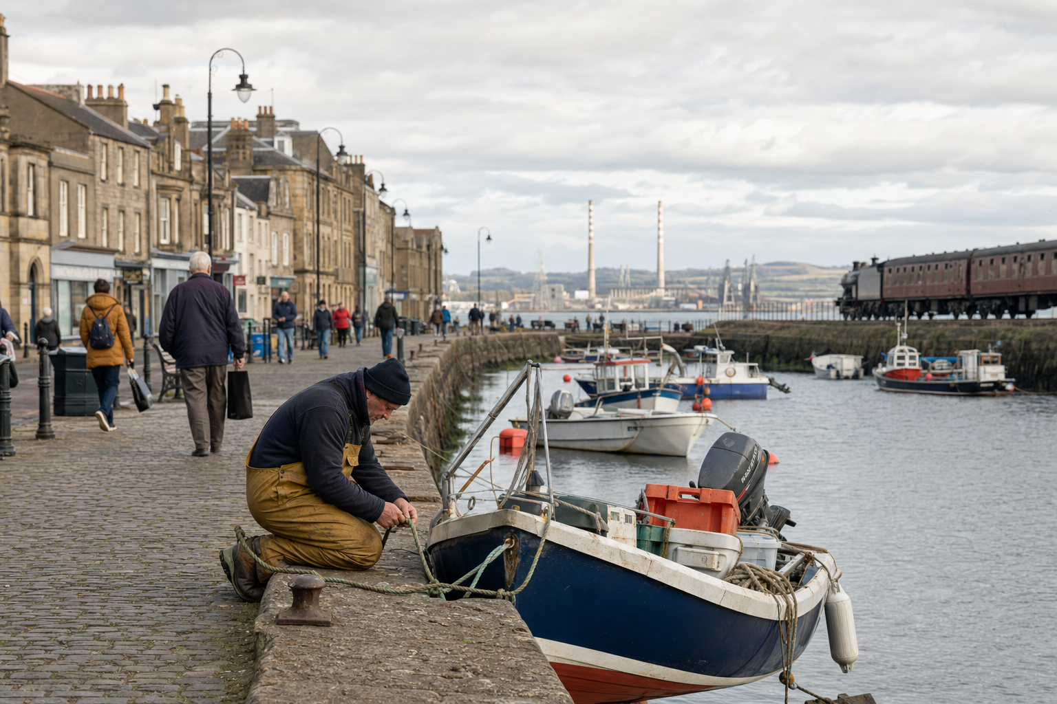 A man in overalls ties a rope to a boat on a cobbled quayside, with people walking along the waterfront path.