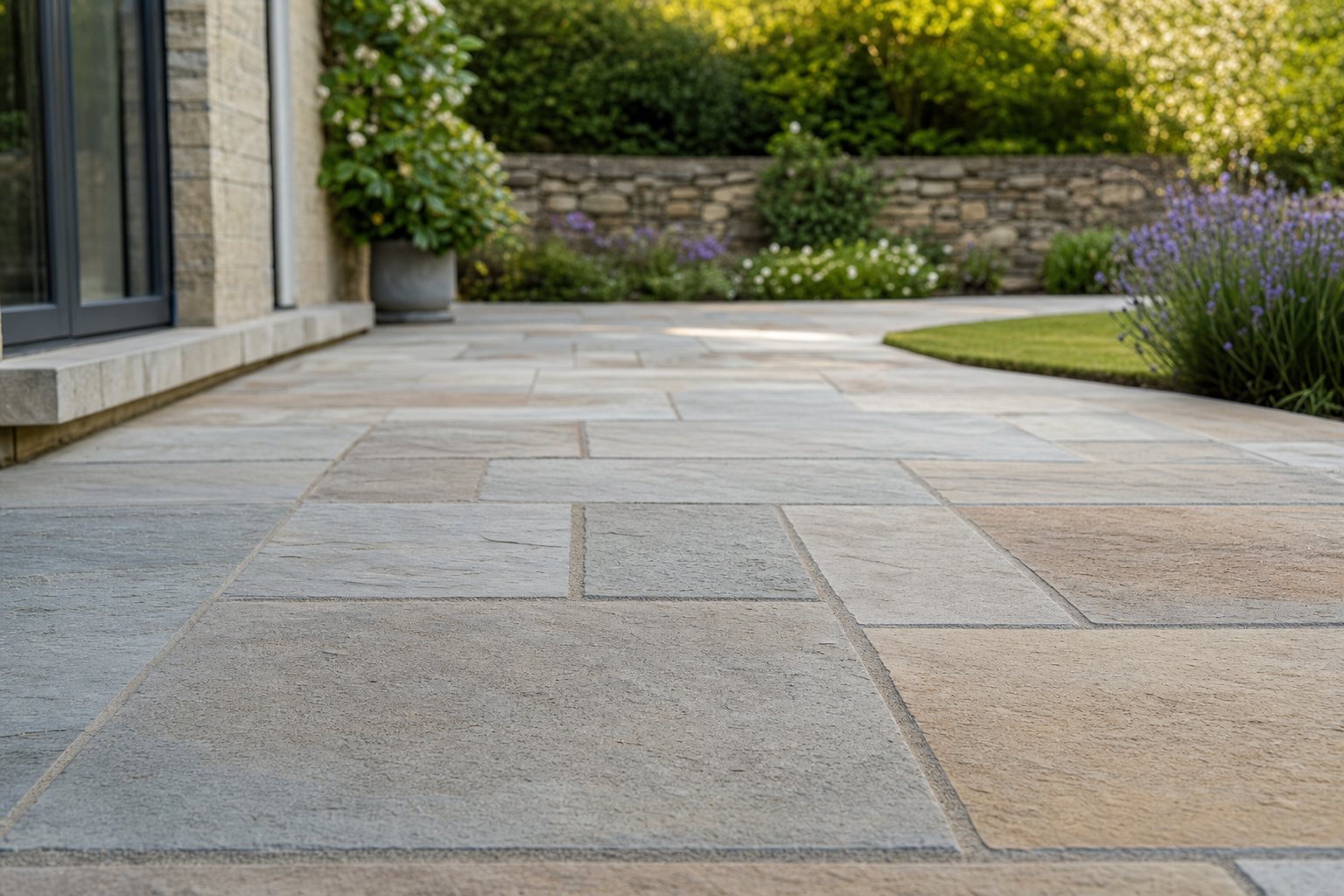 Close-up of a stone patio with surrounding garden and stone wall in the background.
