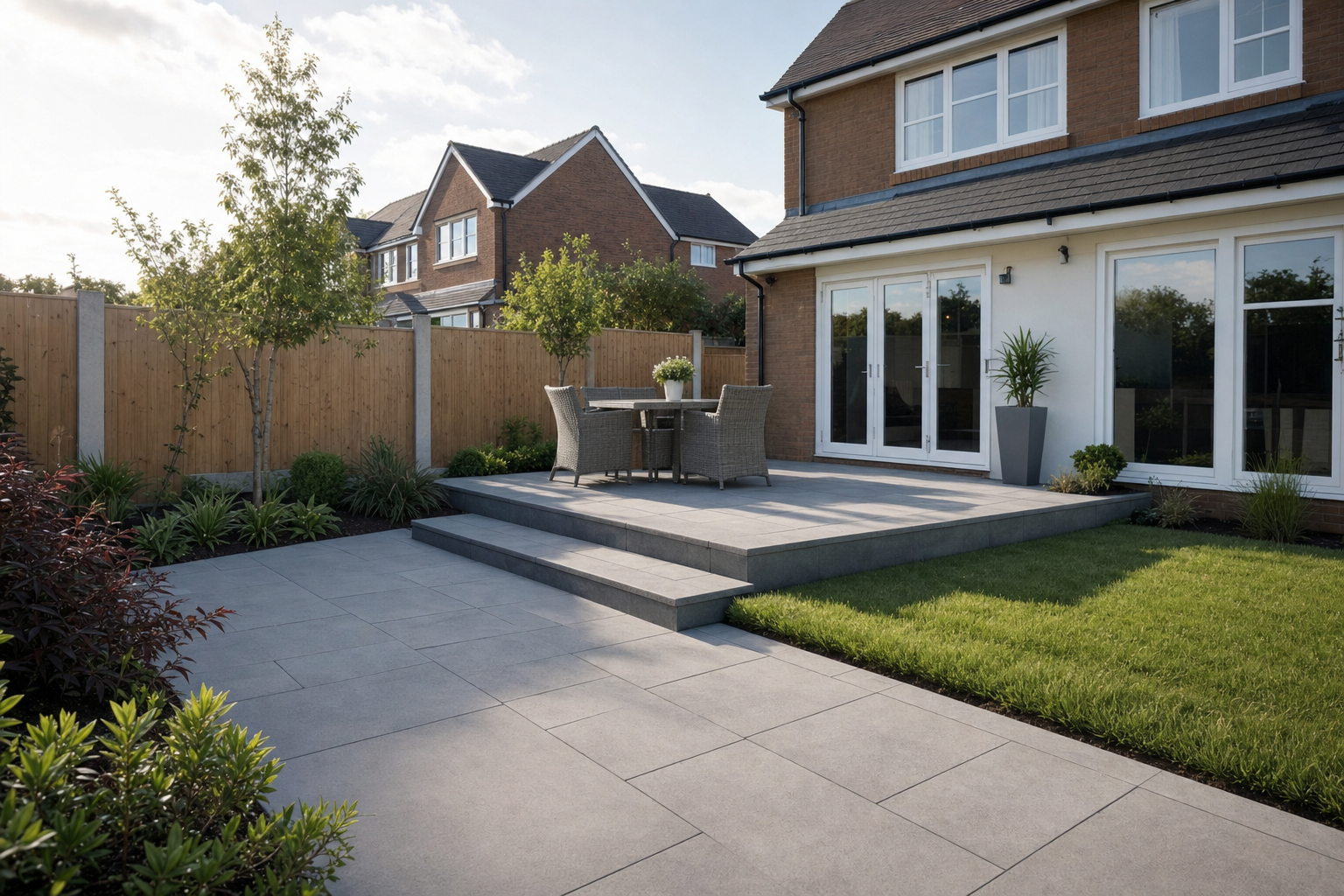 A modern garden patio with outdoor furniture, surrounded by well-maintained plants and a new brick house.