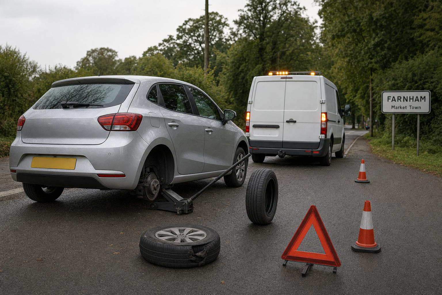 A car with a missing wheel is jacked up beside traffic cones and a warning triangle on a road near Farnham.