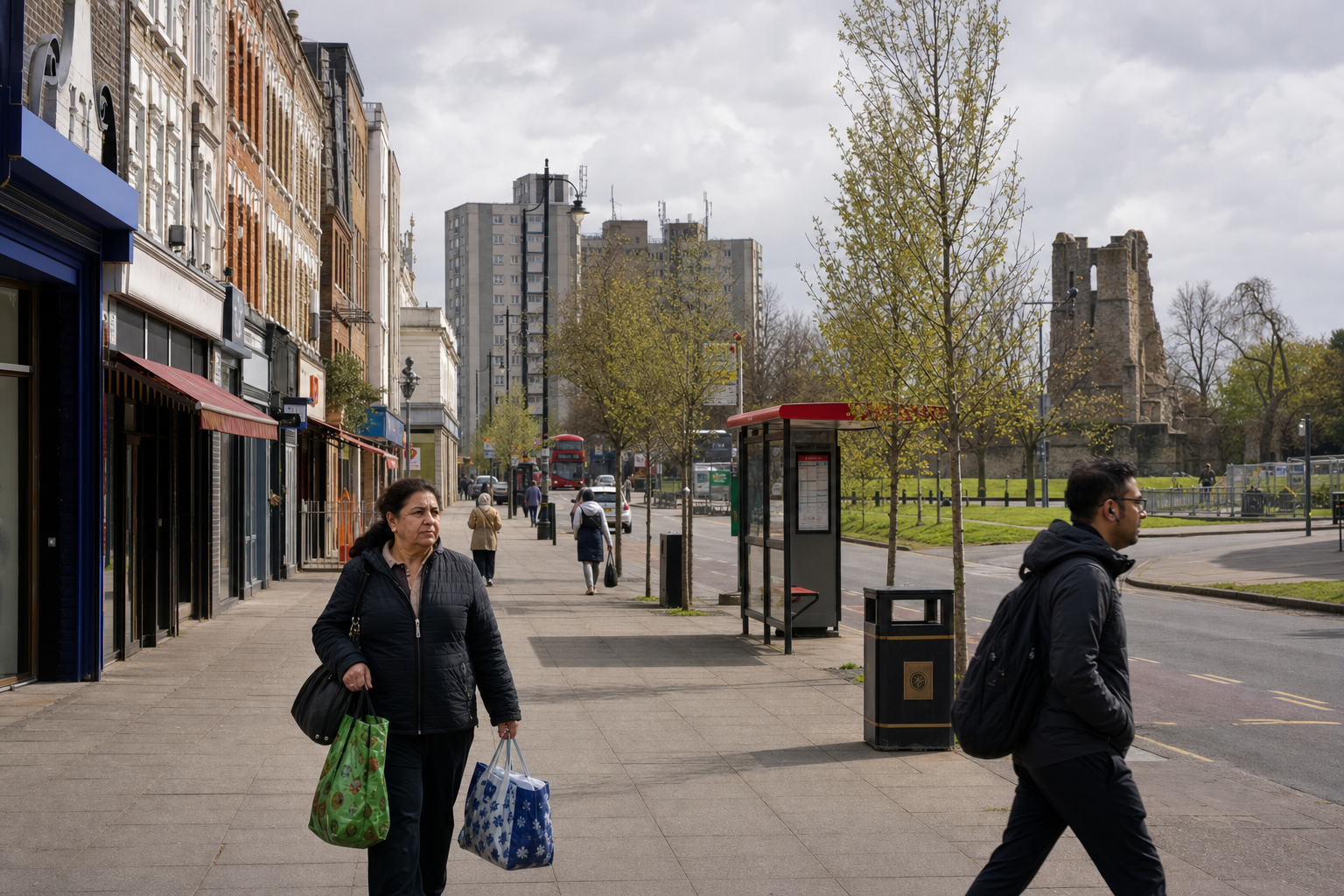 Pedestrians walk along a city street lined with shops, near a bus stop and ancient ruins.