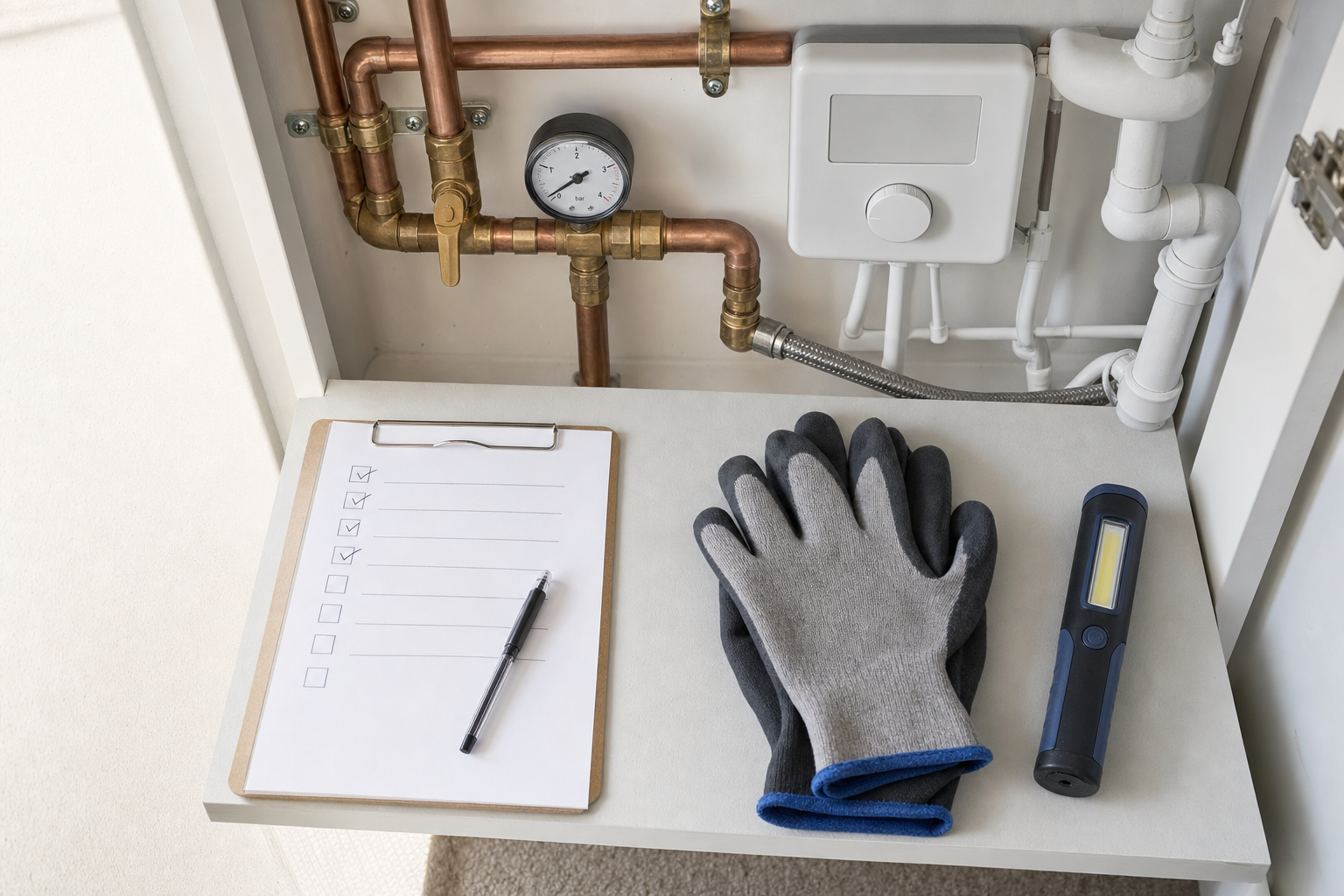 A maintenance station with gloves, checklist, pen, flashlight, and plumbing pipes in a utility area.