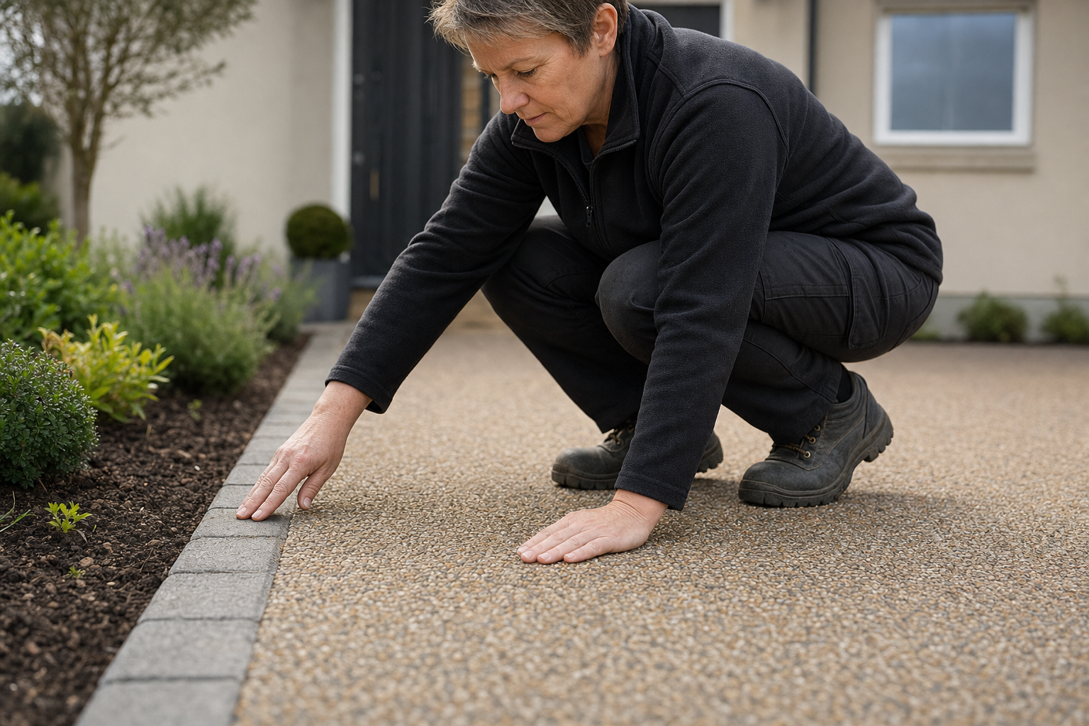 A person inspects the smooth surface of a gravel driveway near a garden bed.