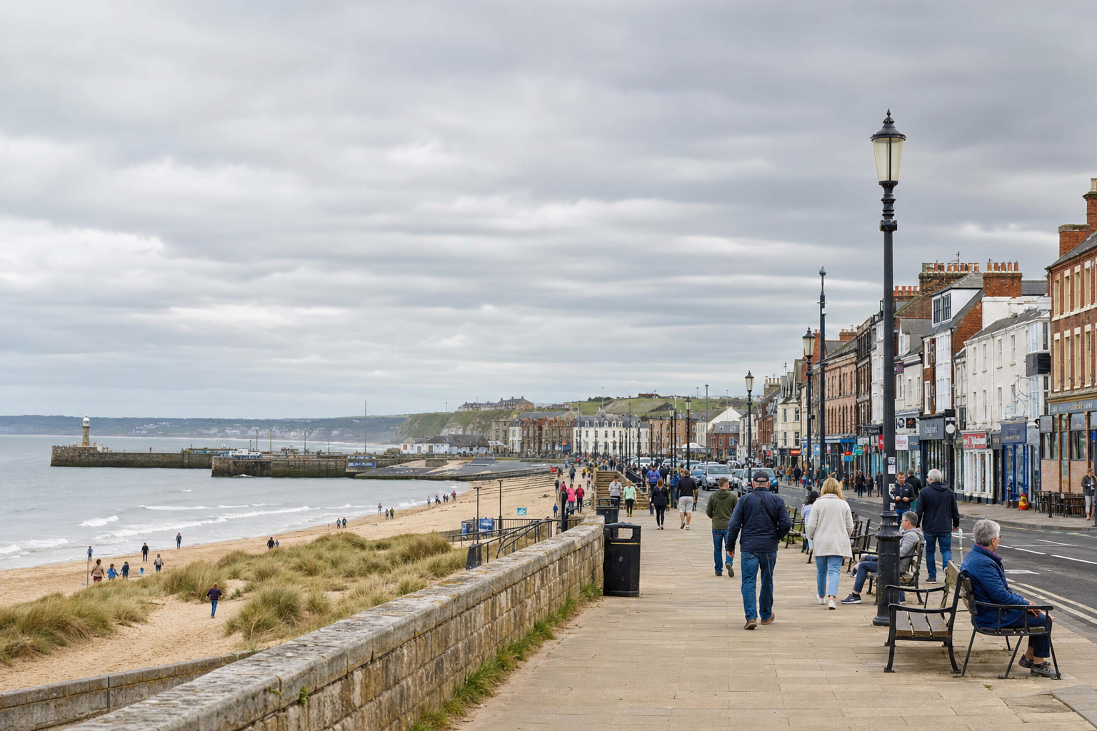 A bustling seaside promenade with people walking along the waterfront near shops and a sandy beach.