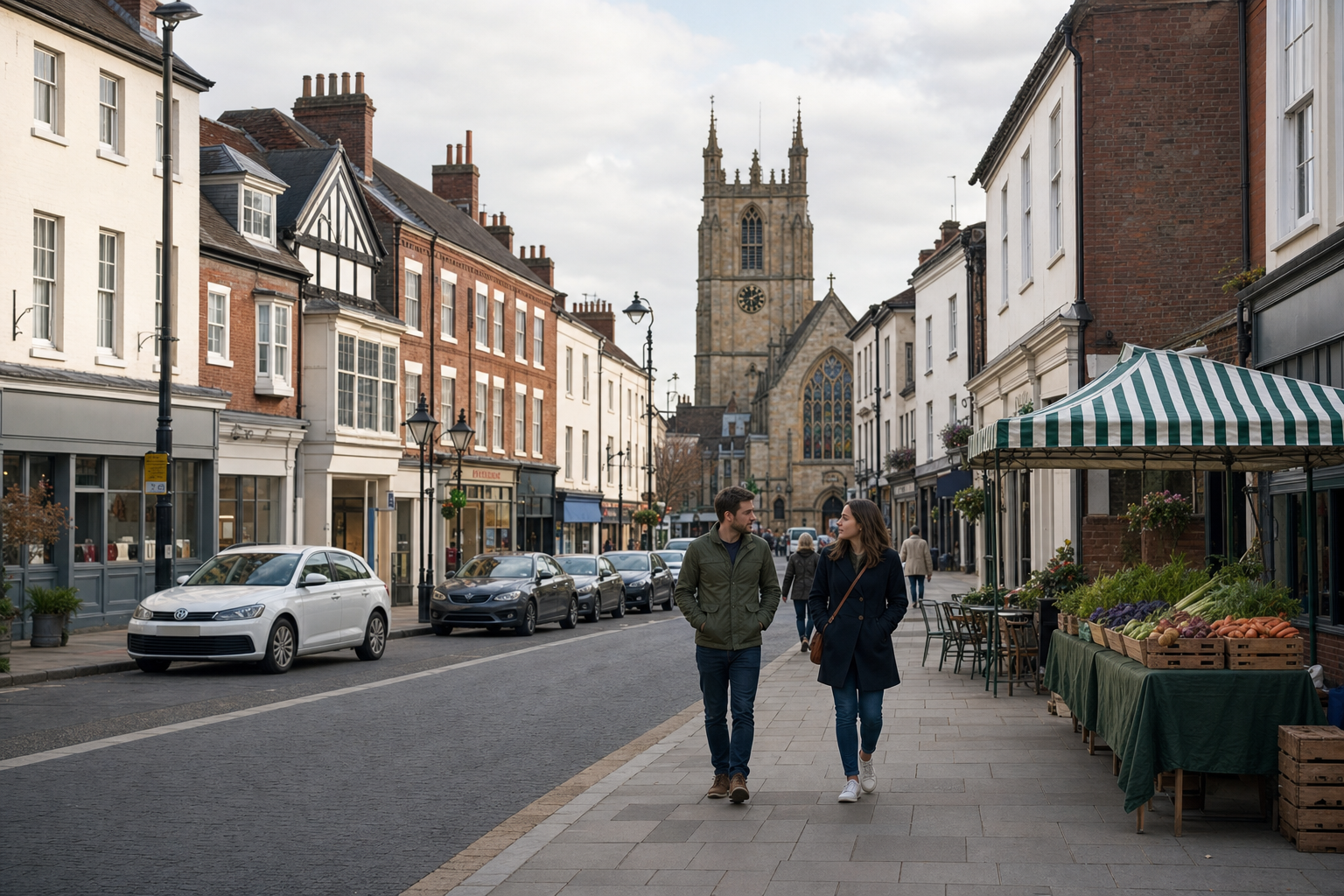 A couple walks down a charming British street with a church in the background and a market stall on the right.
