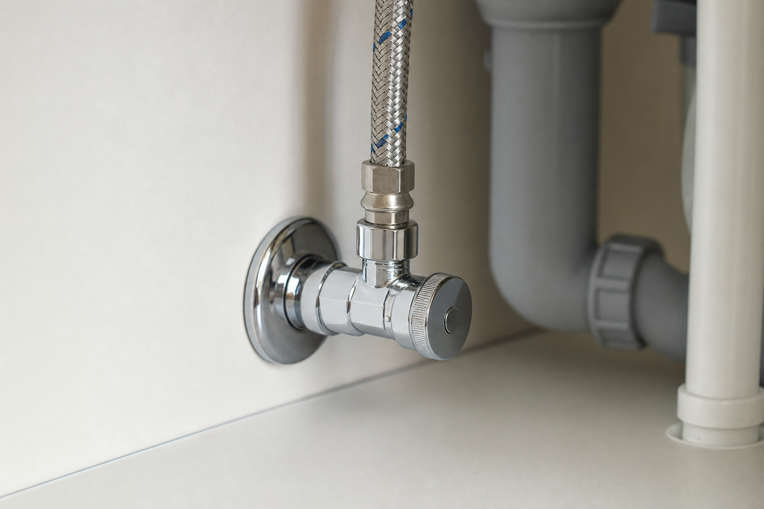 A chrome plumbing shut-off valve connected to a flexible braided hose under a sink.