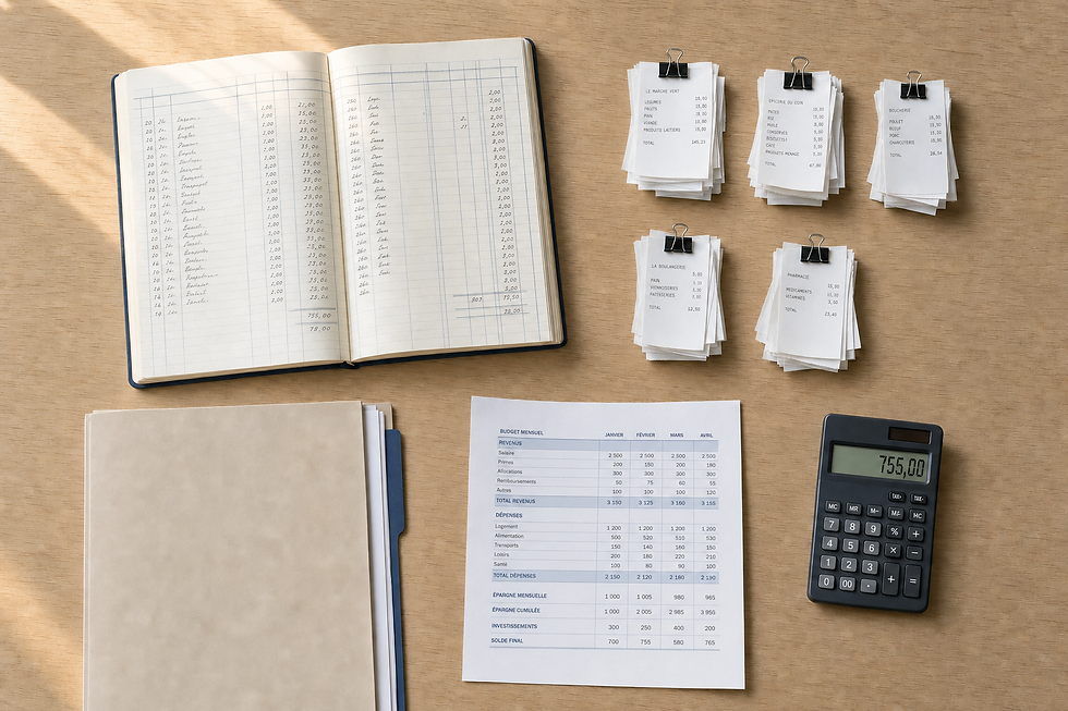 An open ledger, piles of receipts, a monthly budget sheet, and a calculator on a wooden desk.