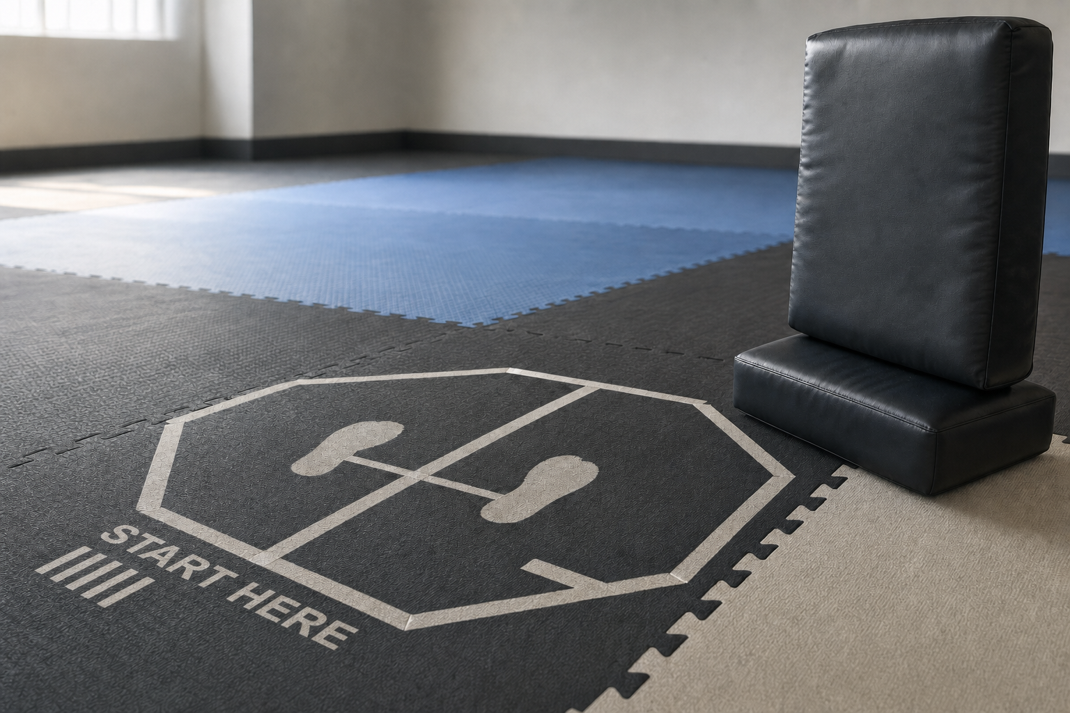 A padded black martial arts shield rests on an exercise mat marked with "Start Here" in an open training space.