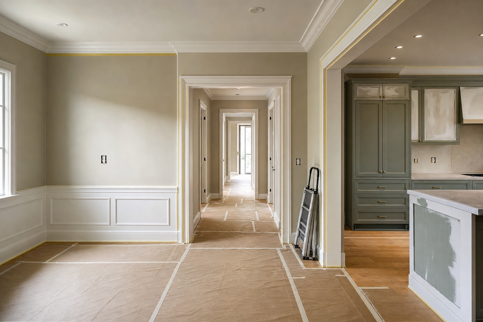 An unfinished interior with light grey walls, covered floors, a step ladder, and partially painted kitchen cabinets.
