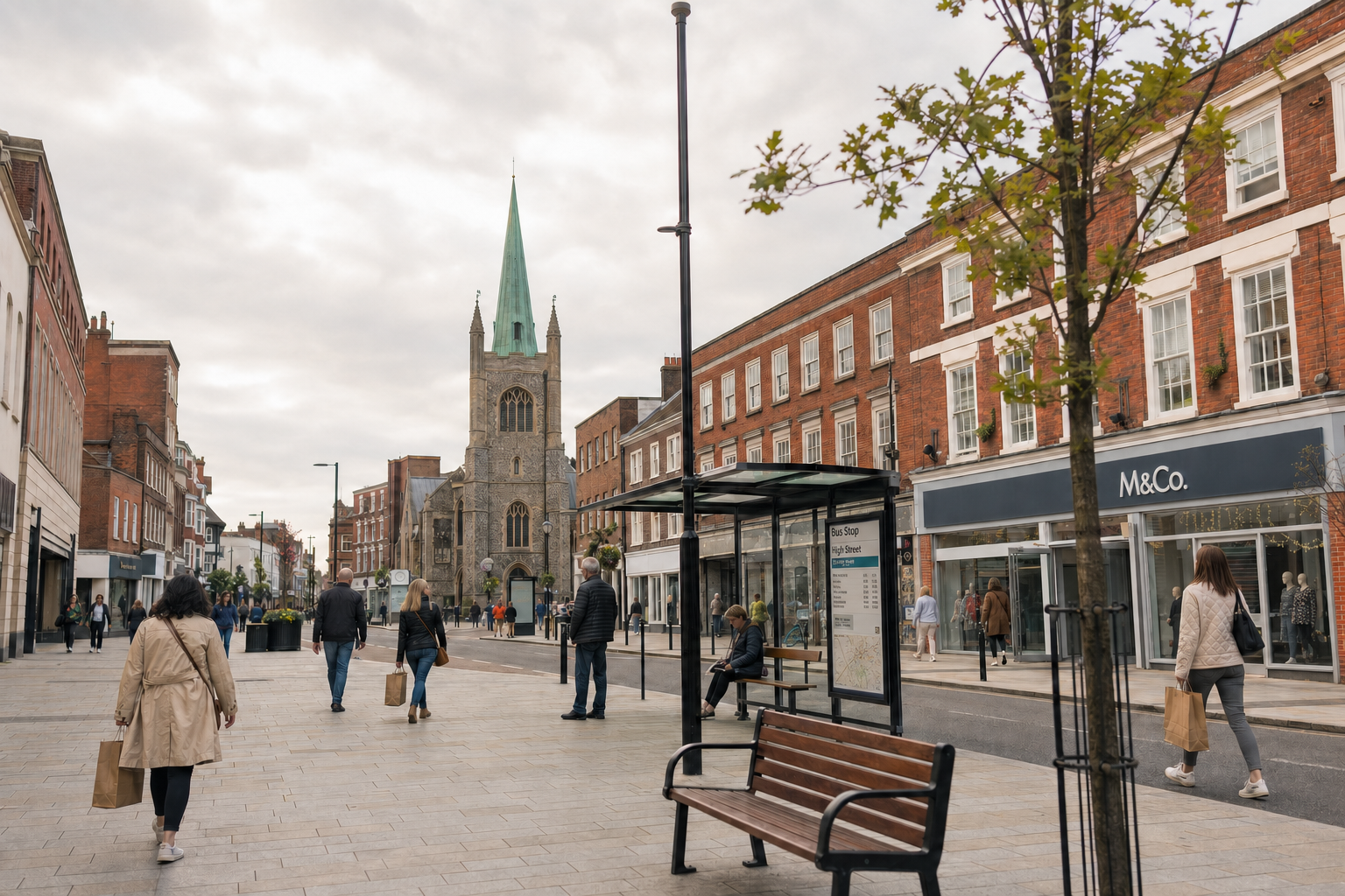 A busy high street with pedestrians, lined with shops, and a church with a green spire in the background.