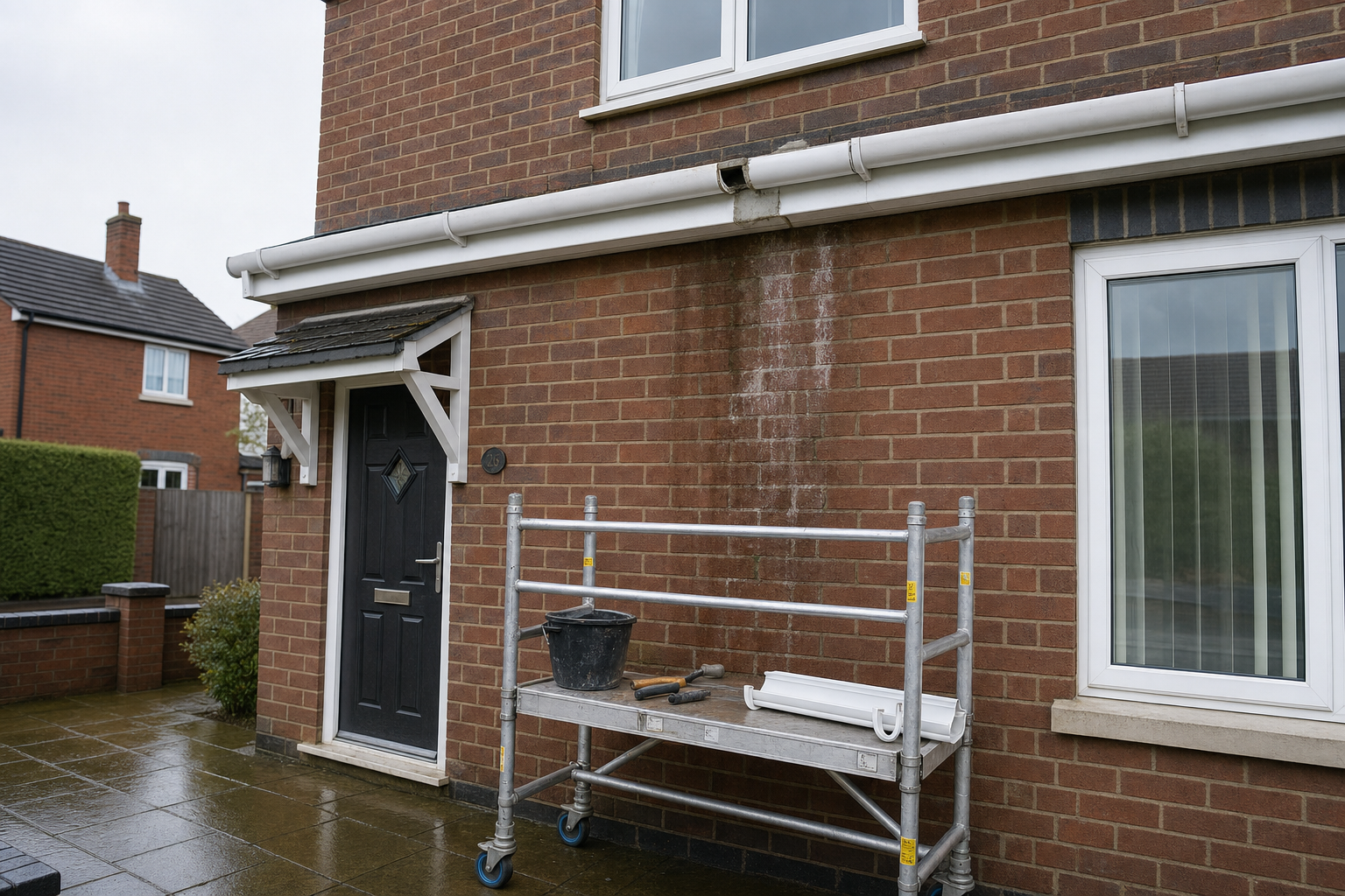 Damaged gutter spilling water down a brick wall, with repair tools and materials on a scaffold.
