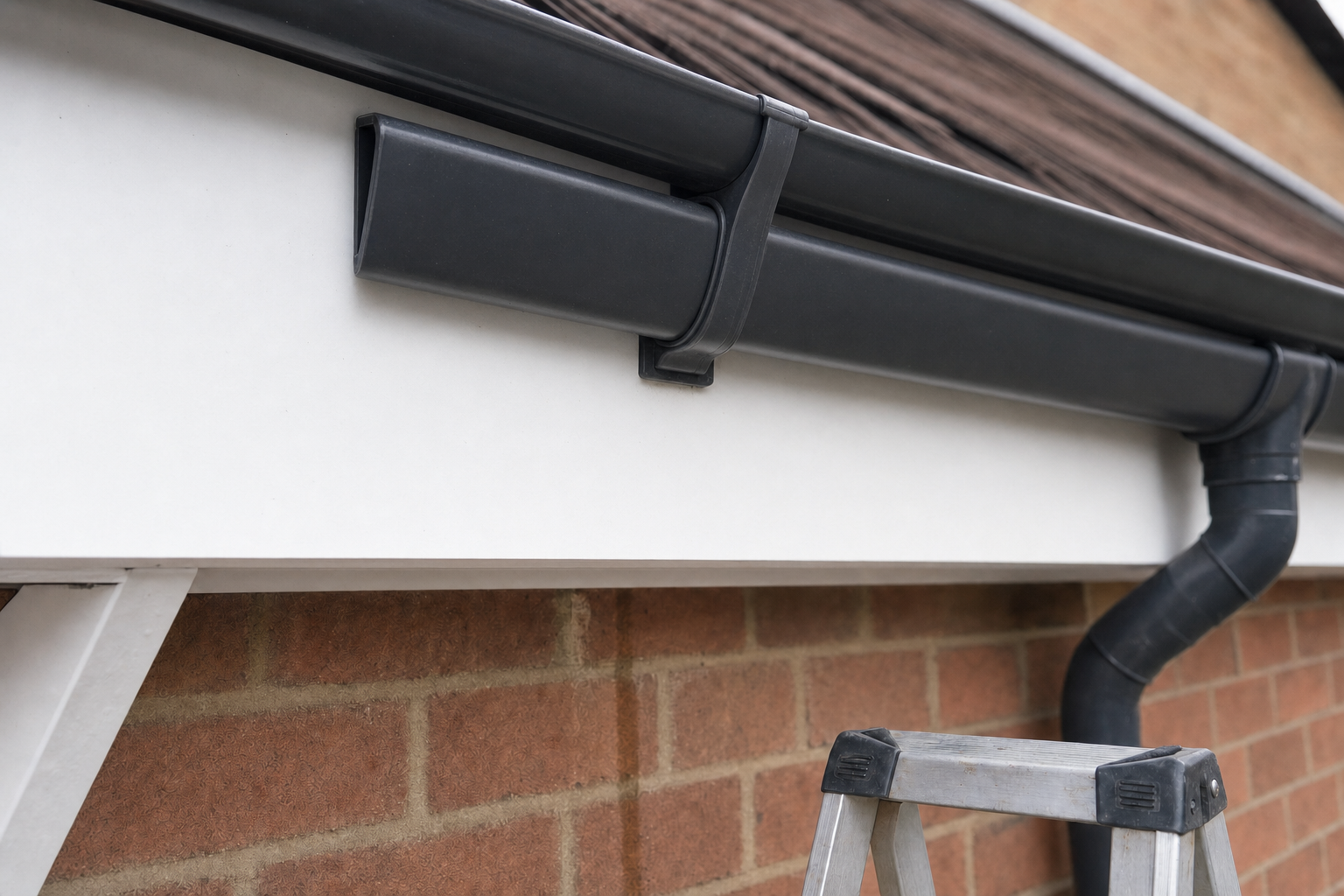 Black plastic guttering on a brick house, with a metal ladder propped against the wall.