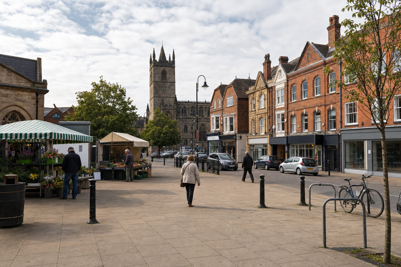 A market square with stalls and people, set against a backdrop of historic buildings and a church tower.
