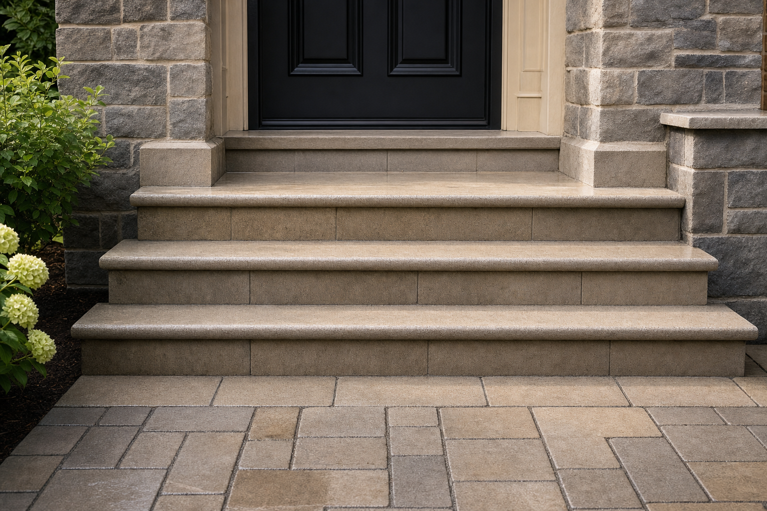 Stone steps leading up to a dark front door, framed by brick walls and greenery.