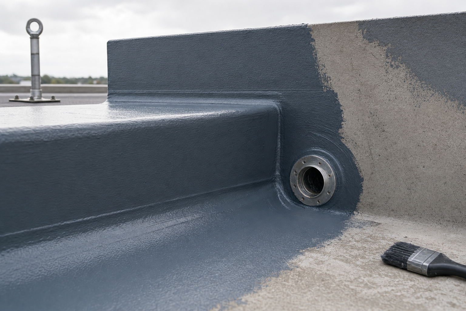 Grey sealant is freshly applied around a metal drain fitting on a concrete surface.
