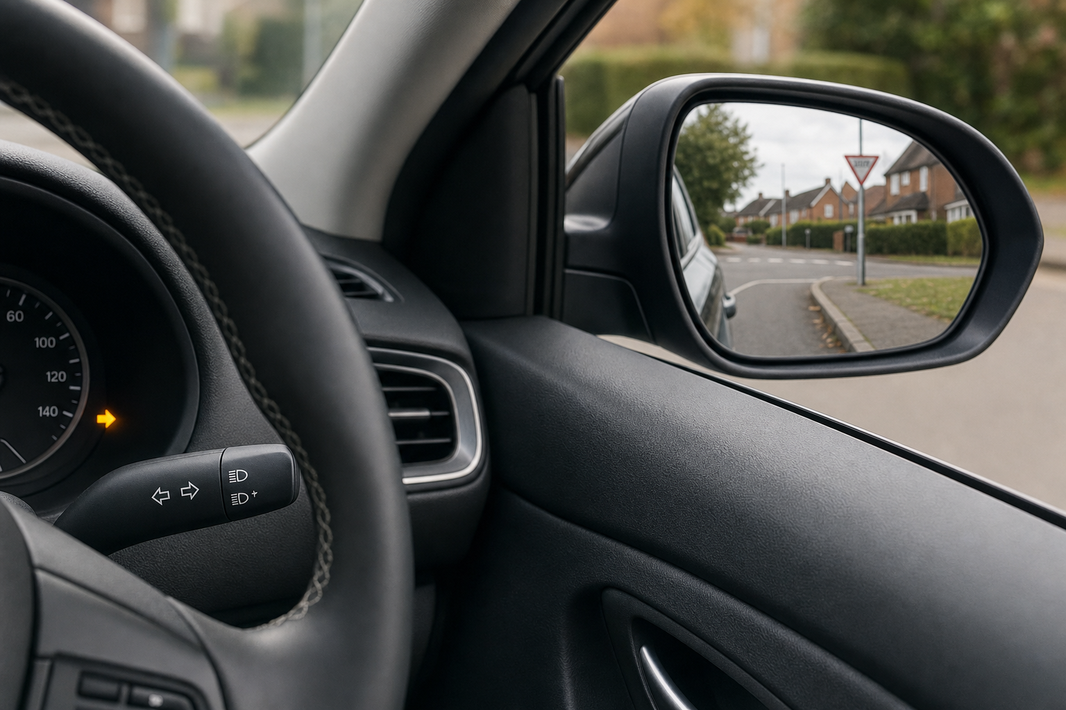 View from car's interior showing side mirror and approaching give way sign.