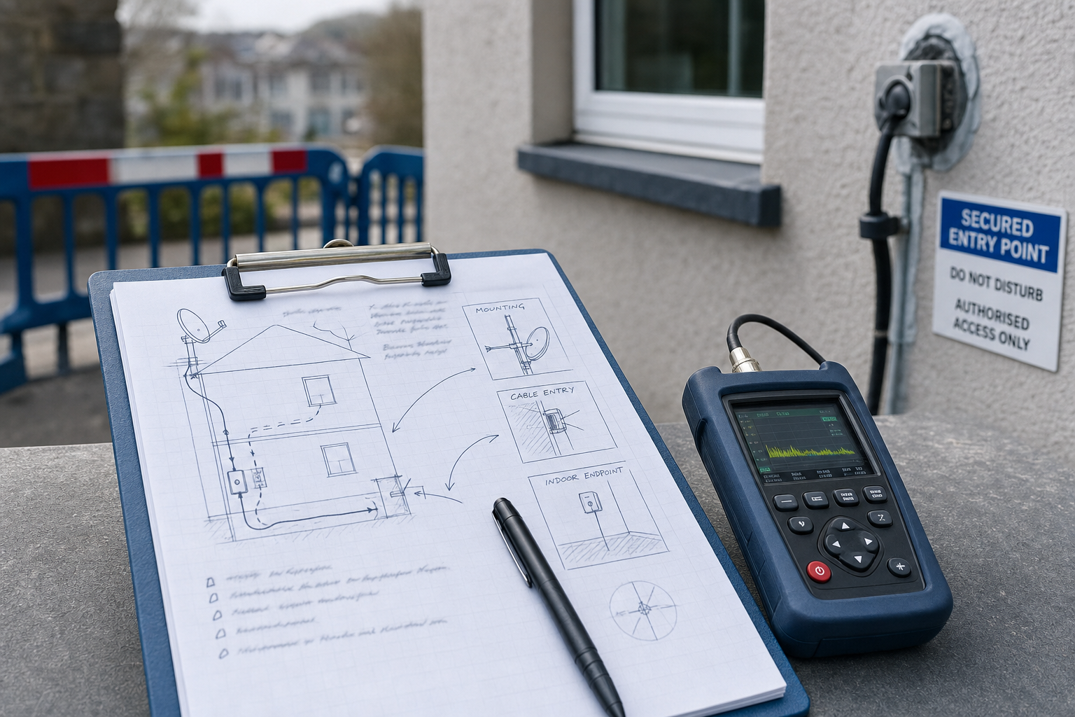 Electrical installation diagram on a clipboard beside a diagnostic device, outside a secured entry point.