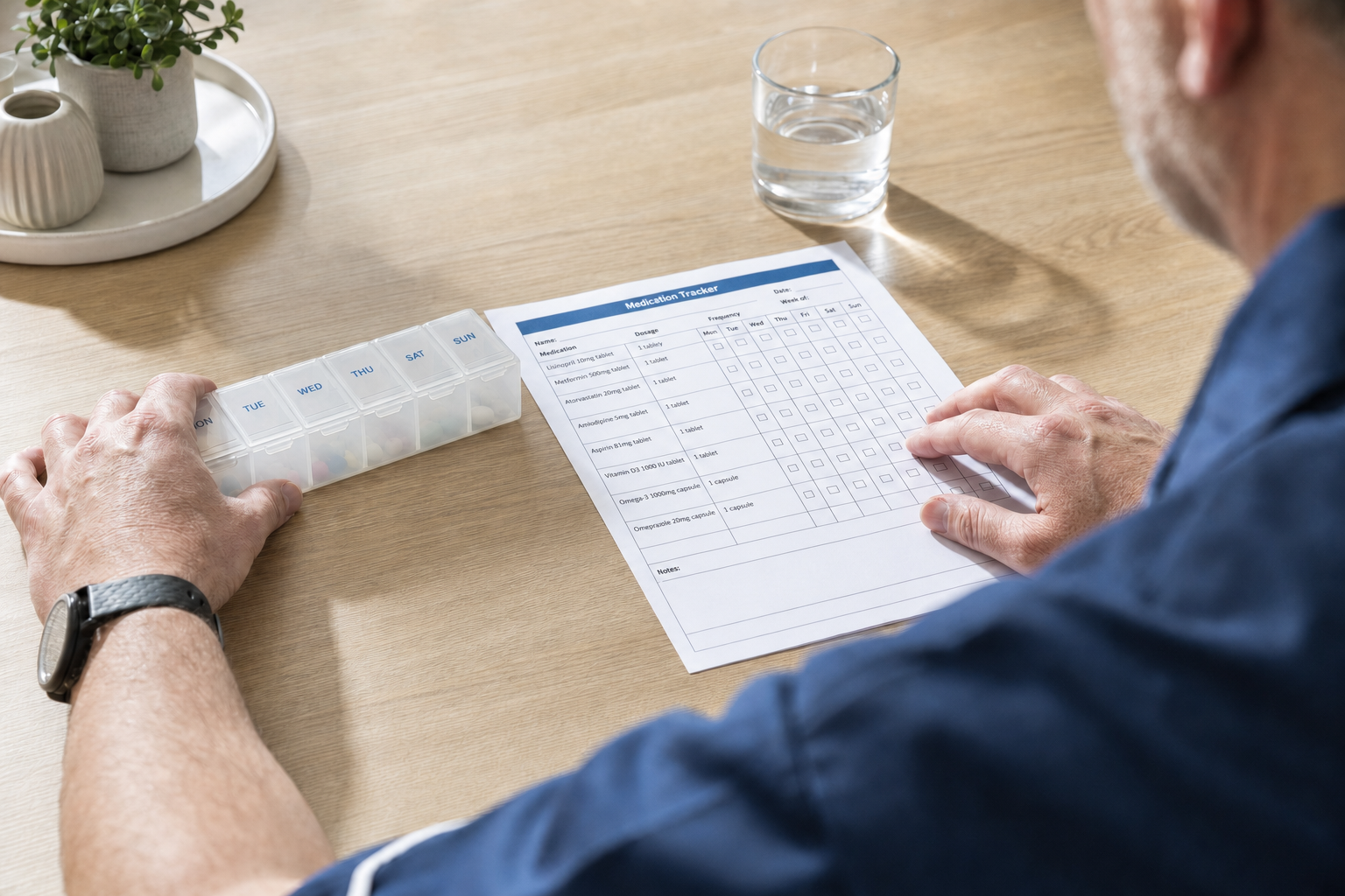 Man organising a weekly pill organiser and medication tracker on a table.