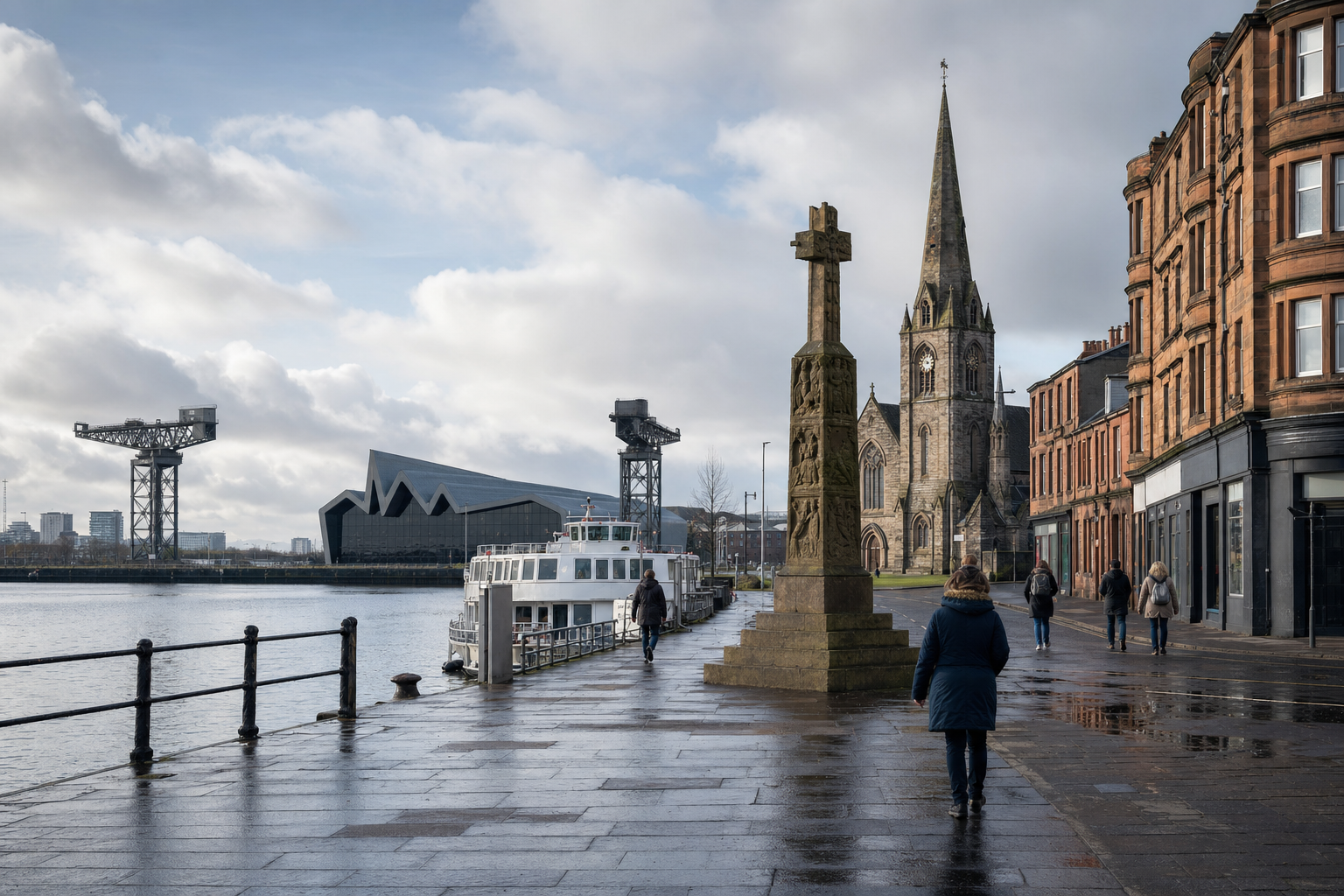 A riverside walkway with a stone cross, a church spire, and modern buildings under a cloudy sky in Glasgow.