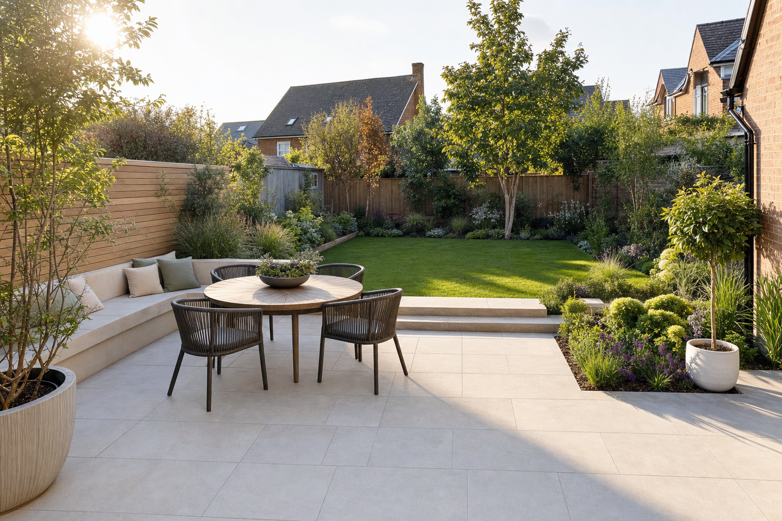 A modern garden with a round table on a tiled patio, surrounded by greenery and vibrant sunlit plants.