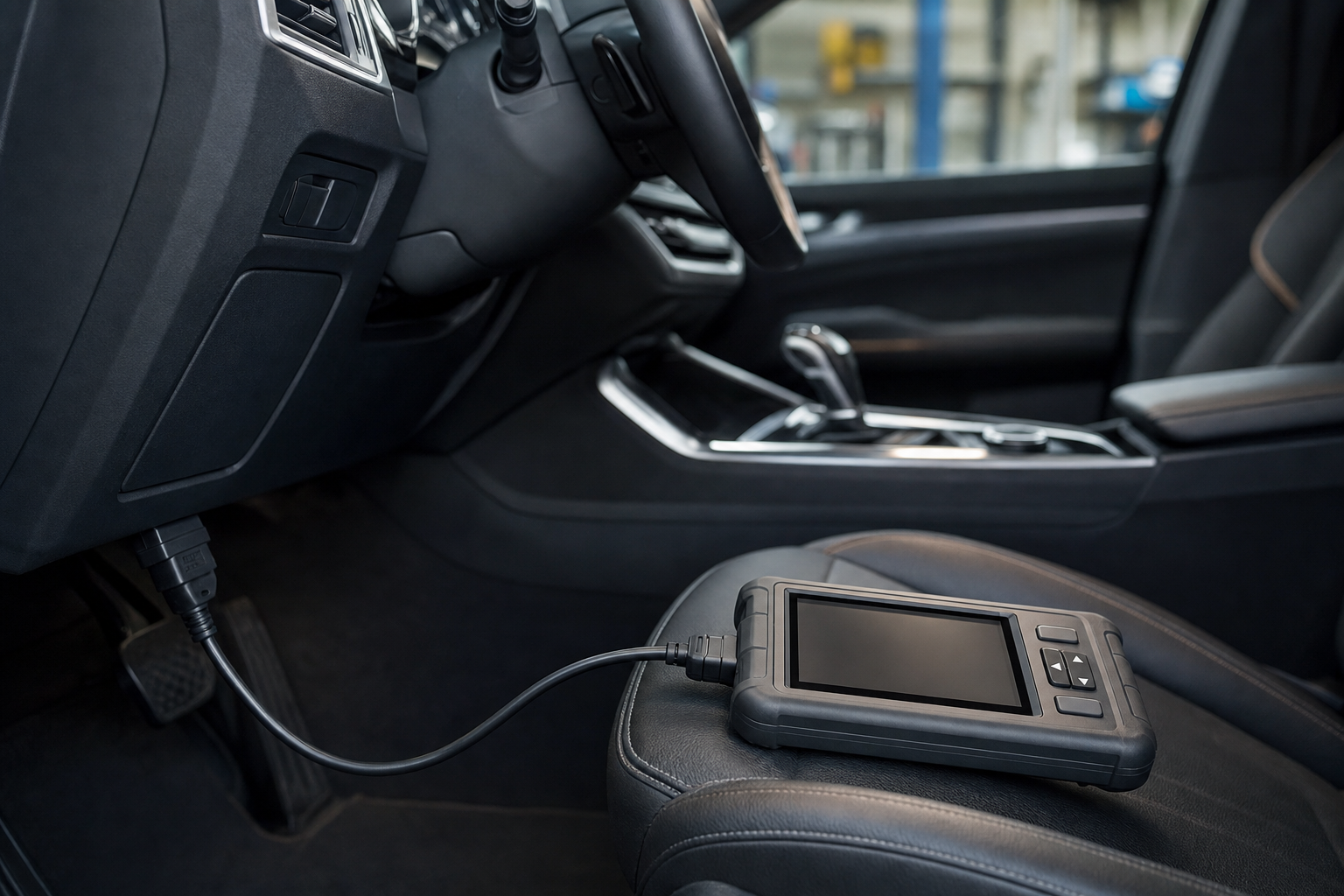 A diagnostic tool is connected inside a car, resting on the passenger seat.