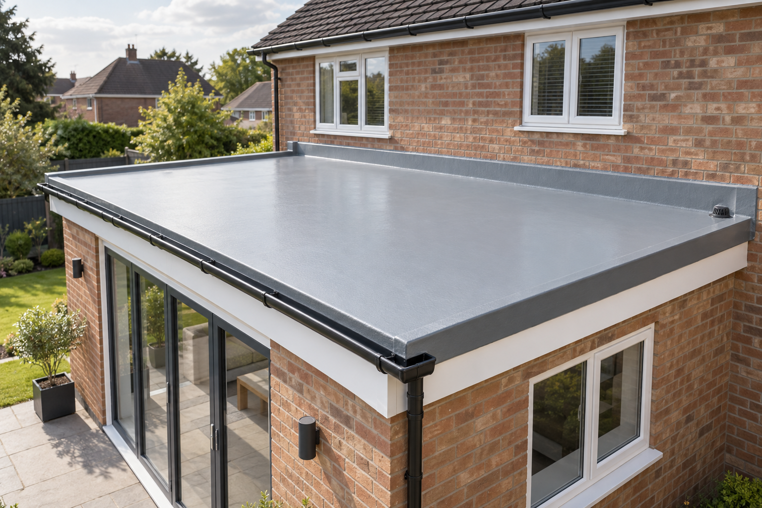 Modern flat roof extension with large sliding glass doors on a brick house, surrounded by a landscaped garden.