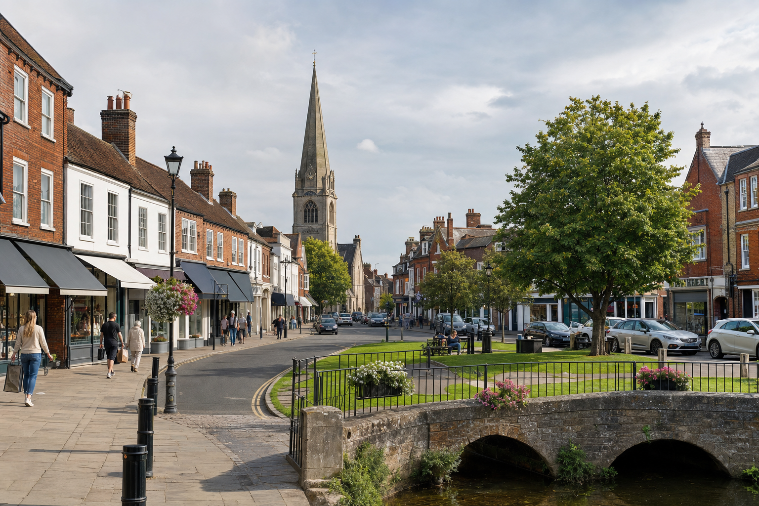 A quaint English town street with a church spire, shops, and a small bridge over a stream.