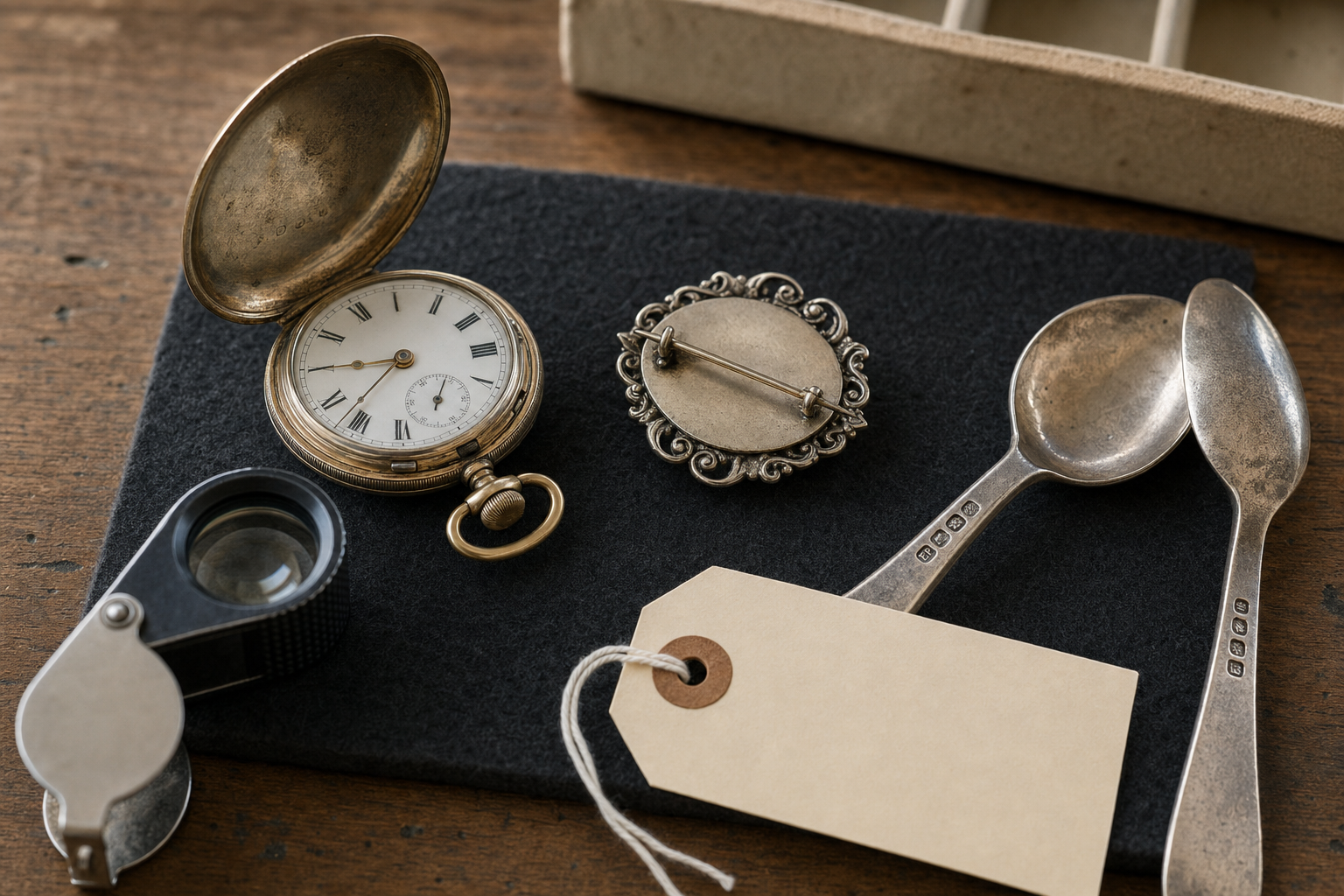A vintage pocket watch, brooch, and pair of silver spoons with a magnifying glass and blank tag on a wooden table.