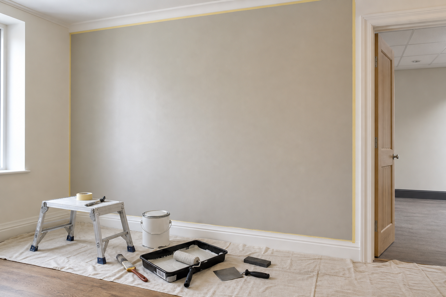 Room being painted with tools, stepladder, and a paint can on a drop cloth.