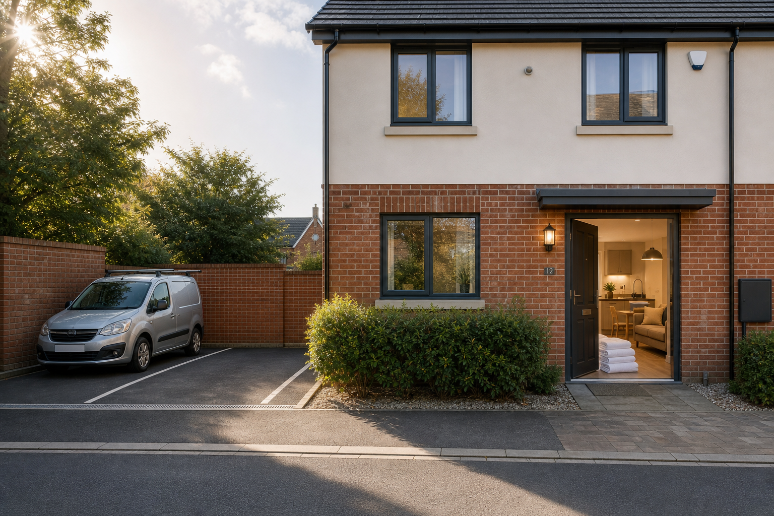 Modern townhouse with open front door revealing interior, set alongside a neatly parked silver van and greenery on a sunny day.