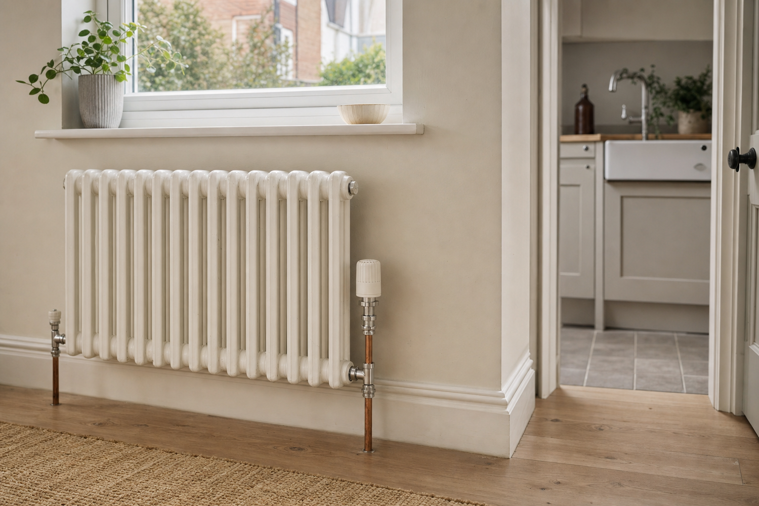 Traditional white radiator beneath a window ledge with a plant, next to a doorway leading to a kitchen.