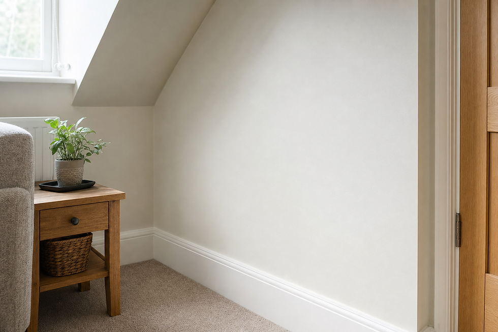 A wooden side table with a potted plant and basket sits beside a beige sofa near a window in a cosy room.