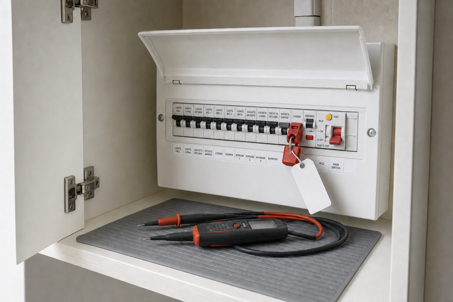 An electrical circuit breaker panel inside a cupboard with a voltage tester on the shelf.