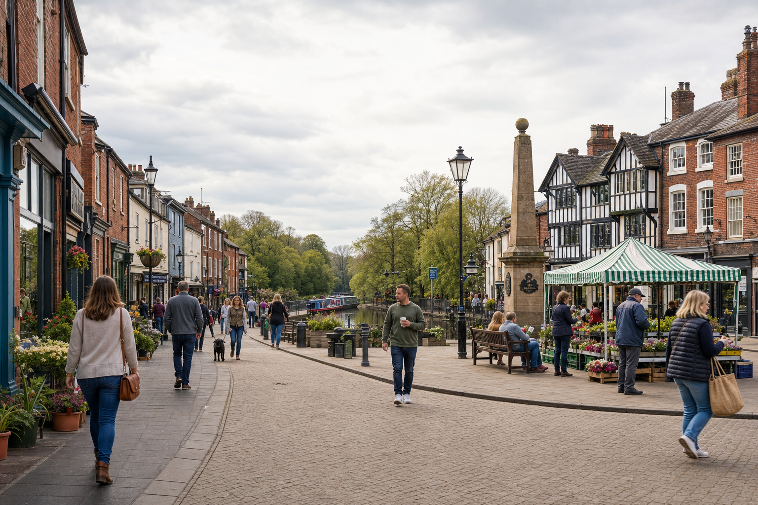 People strolling along a quaint British street with shops, a market stall, and an inviting scenic canal.